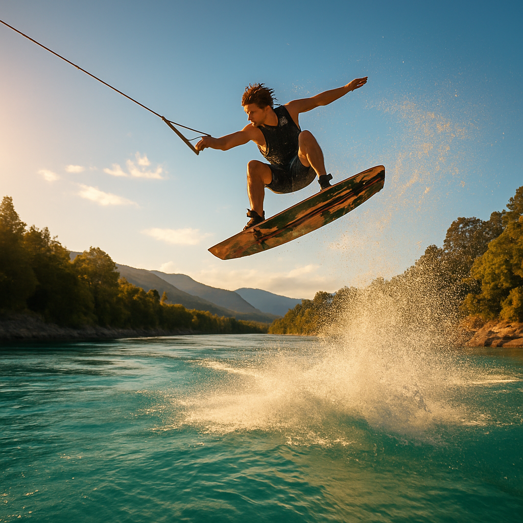 Wakeboarder en acción sobre agua argentina